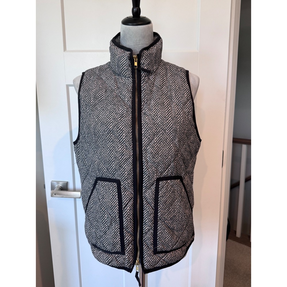 J.Crew Herringbone Quilted Puffer Vest Black White Gold Zip Small